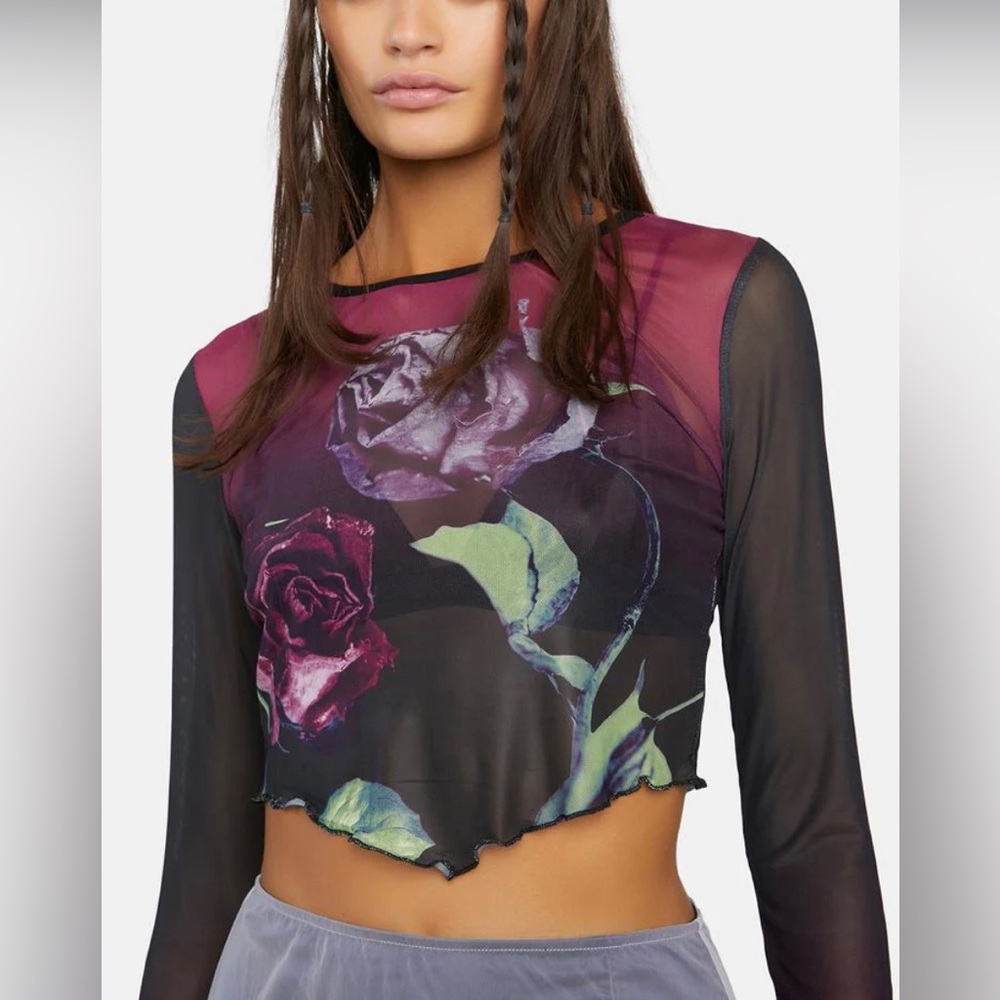 Like New Dollskill Mesh Kiss My Rose Cropped Top Black Magenta Lime Green V Cut